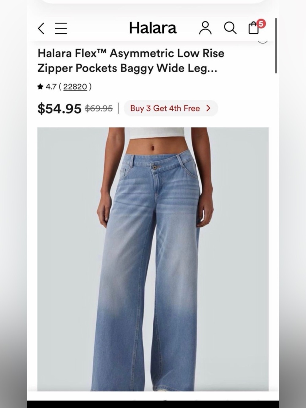 HALARA Light Blue Baggy Wide-Leg Asymmetric Waist Jeans